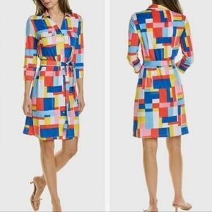 J.McLaughlin Brynn Tile Print Collared V-Neck 3/4 Sleeve Belted Shirt Dress S